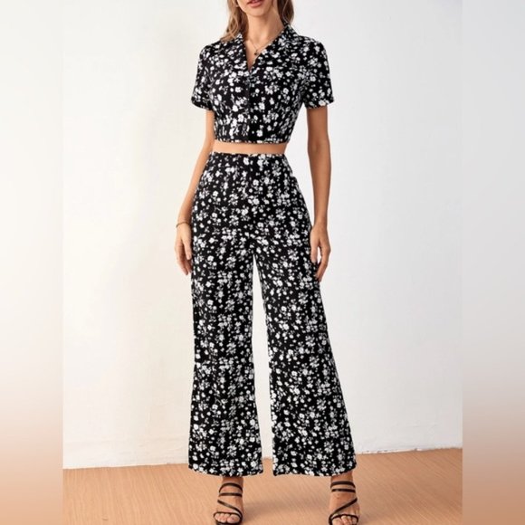 Boho Floral Crop Blouse & Wide Leg Pants - Picture 1 of 8